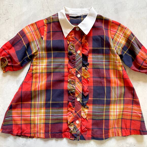 Vintage 70s Preppy Academia Twee Plaid Baby Girl Ruffle A-Line Dress 4T - Picture 1 of 6